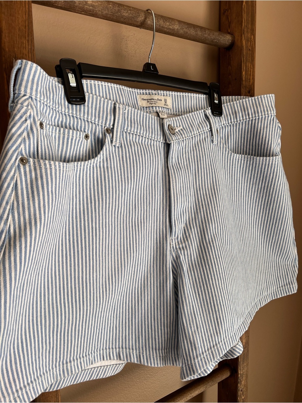 Abercrombie & Fitch Stripped High-Waist Denim Shorts - Light Blue & White